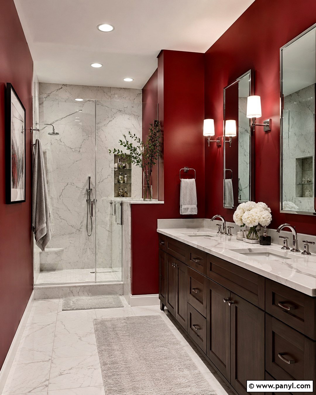 Red Wall Bathroom With Marble Finishes - 20 Red Wall Bathroom Ideas