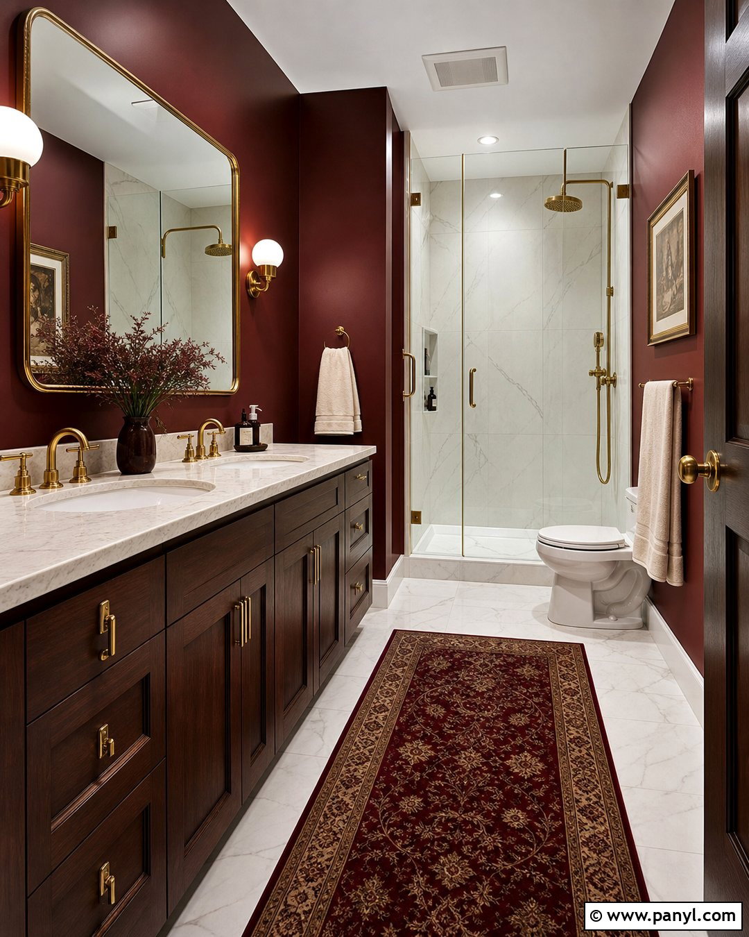 Red Wall Bathroom With Marble Vanity - 20 Red Wall Bathroom Makeover Ideas
