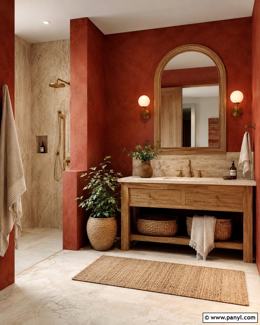 Red Wall Bathroom With Natural Stone - 20 Red Wall Bathroom Ideas