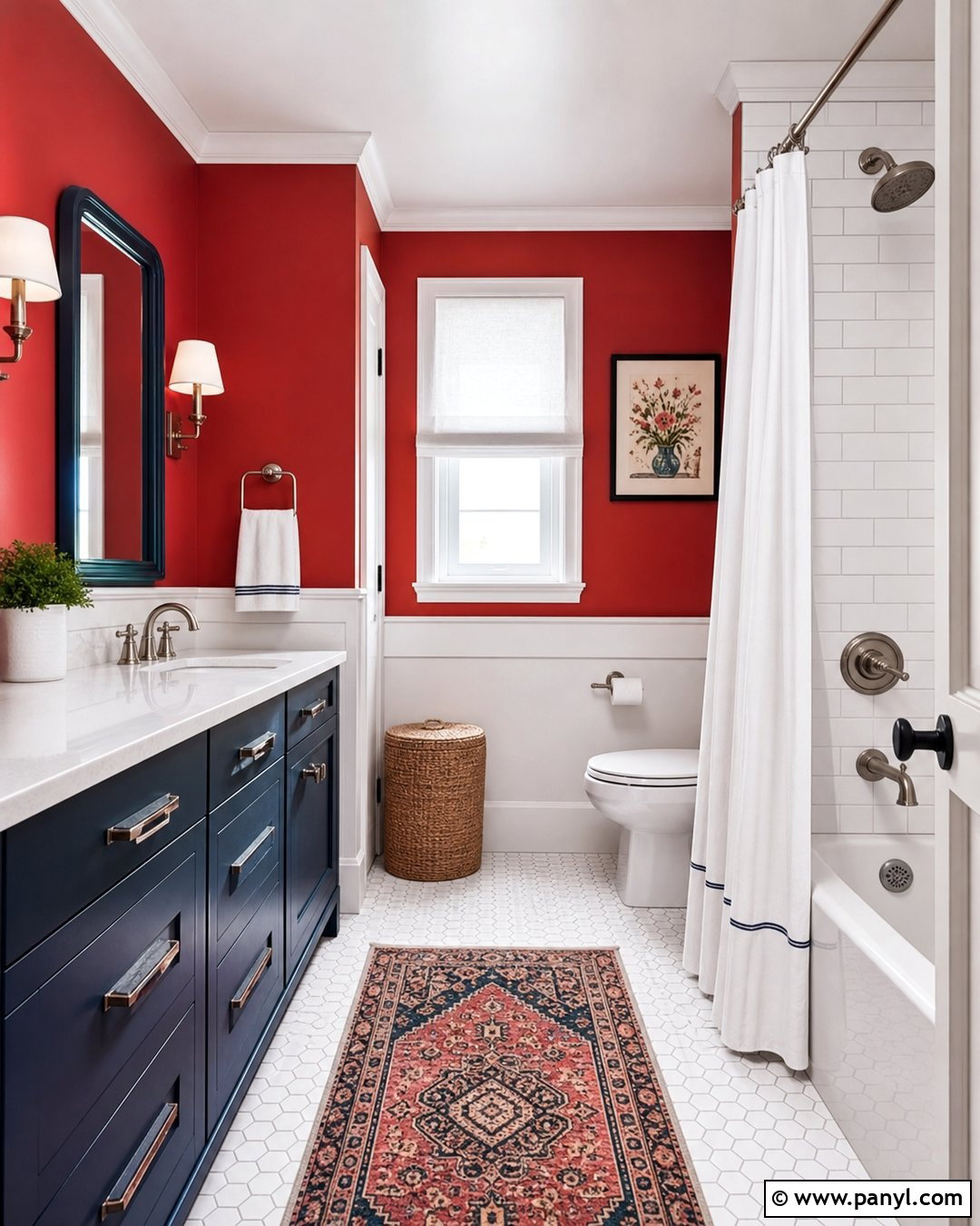 Red Wall Bathroom With Navy Vanity - 20 Red Wall Bathroom Makeover Ideas