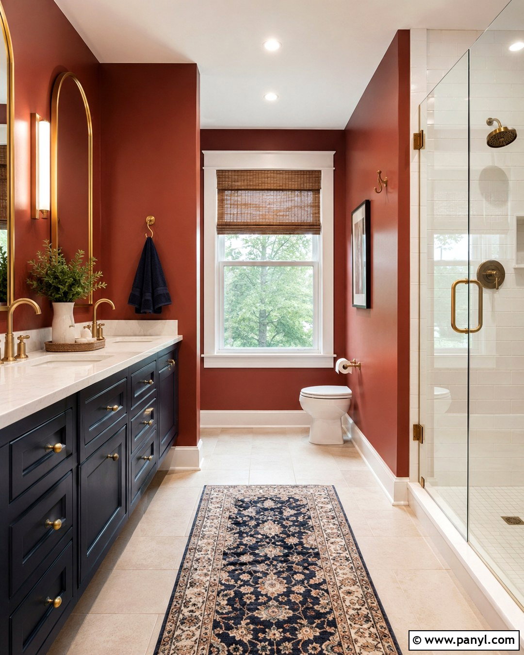 Red Wall Bathroom With Navy Vanity - 20 Red Wall Bathroom Ideas