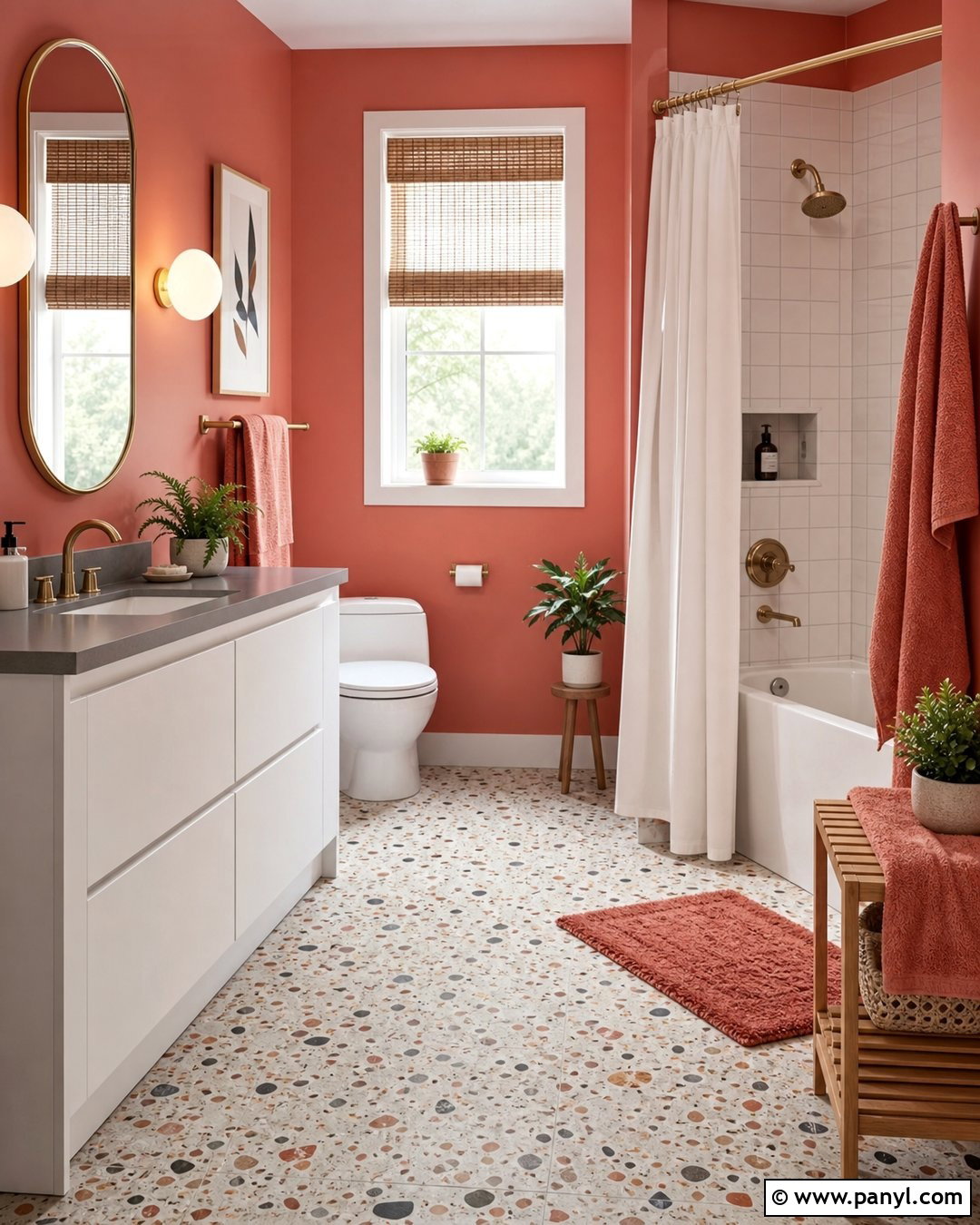 Red Wall Bathroom With Terrazzo Floor - 20 Red Wall Bathroom Makeover Ideas