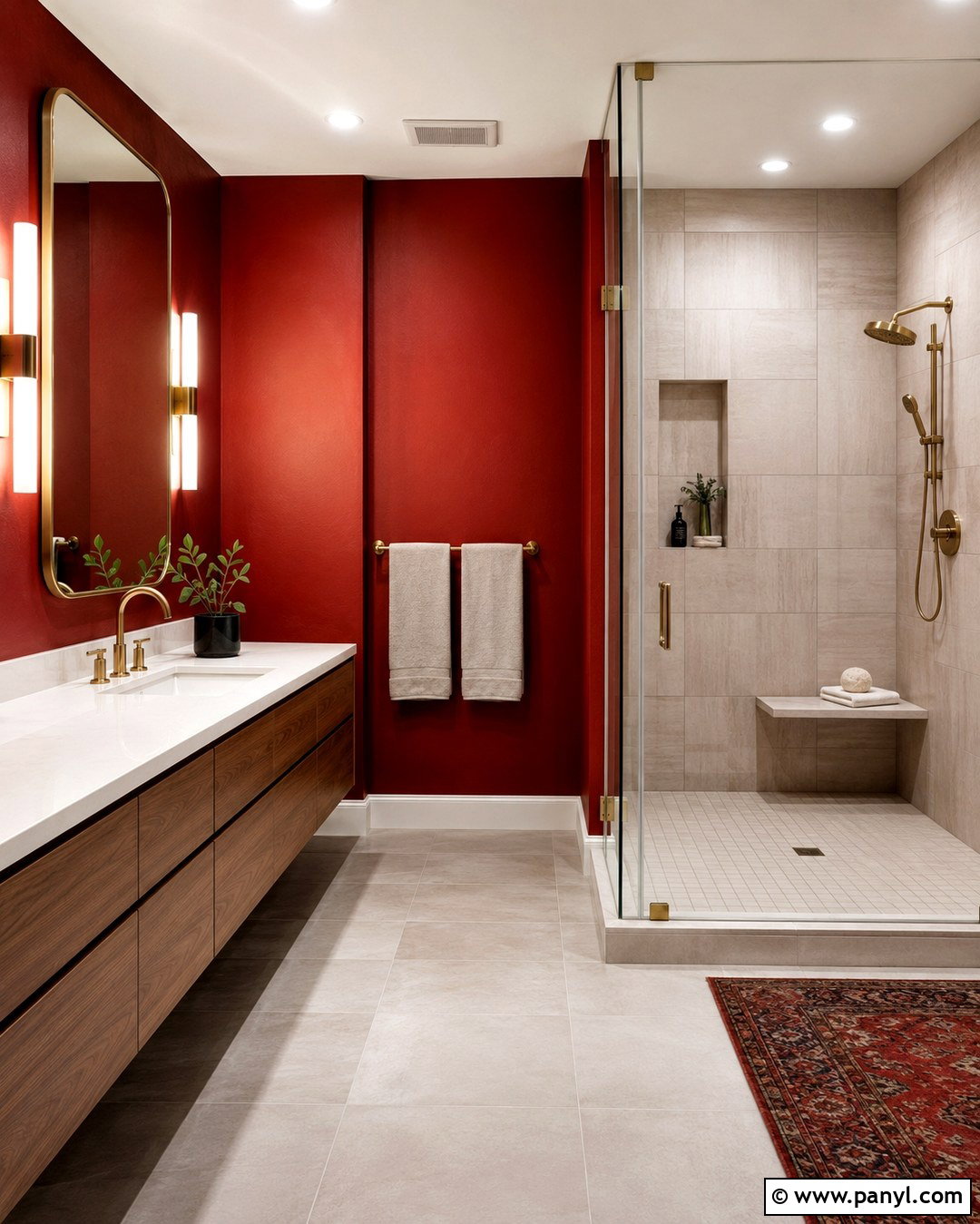 Red Wall Bathroom With Walk-In Shower - 20 Red Wall Bathroom Ideas