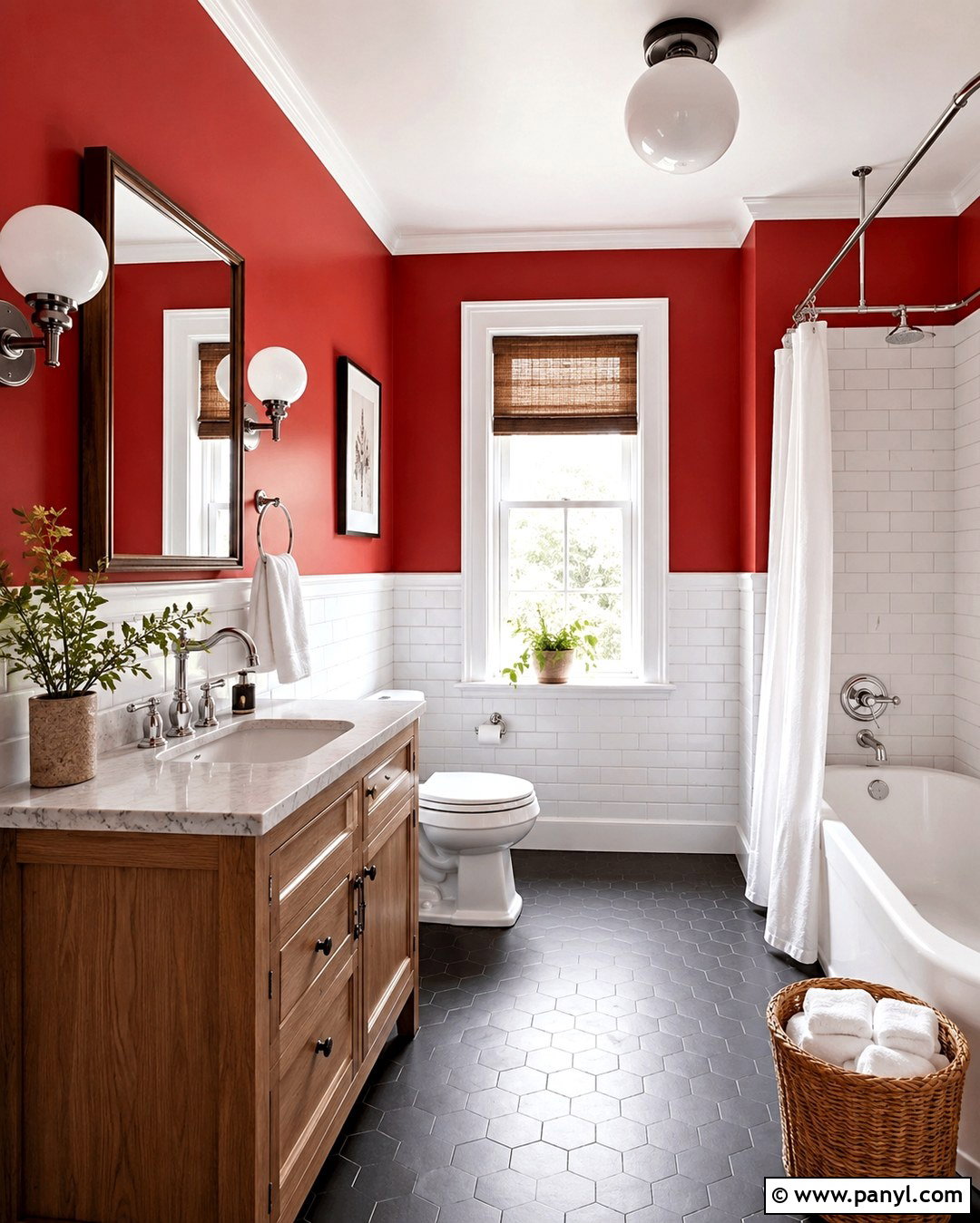 Red Wall Bathroom With White Subway Tile - 20 Red Wall Bathroom Ideas