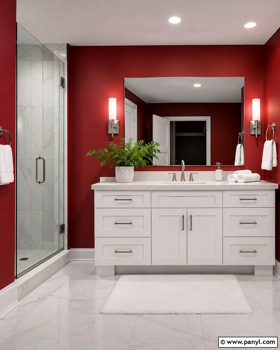 Red Wall Bathroom With White Vanity - 20 Red Wall Bathroom Ideas