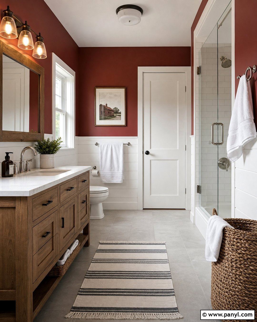 Red Wall Bathroom With White Wainscoting - 20 Red Wall Bathroom Makeover Ideas