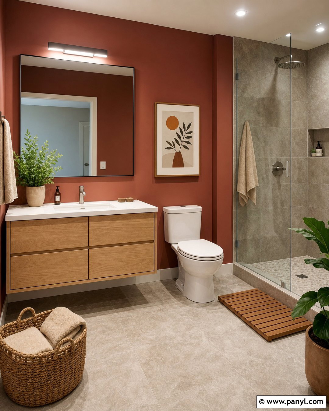 Red Wall Bathroom With Wood Vanity - 20 Red Wall Bathroom Makeover Ideas