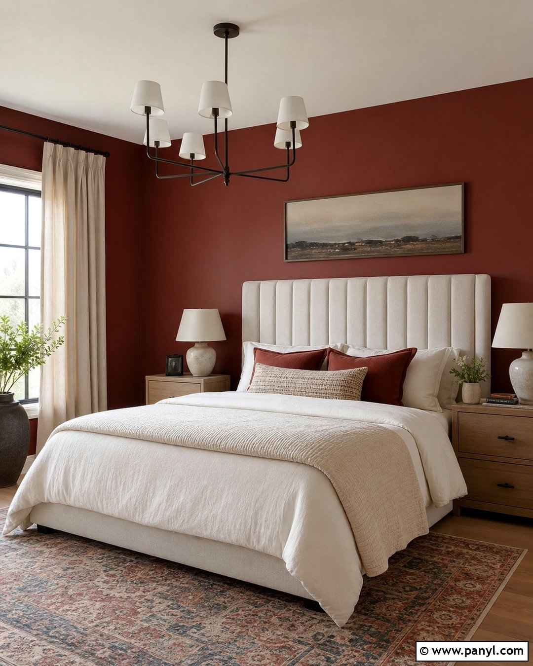 Red Wall Bedroom With Neutral Bedding - 20 Red Wall Home Interior Ideas