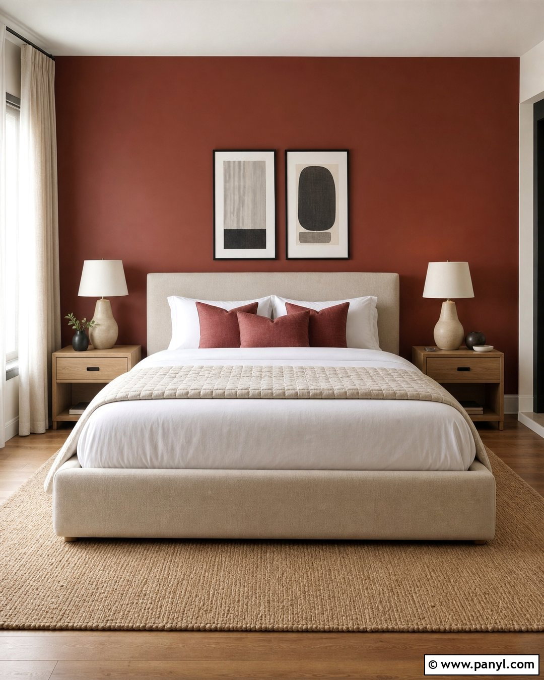 Red Wall Bedroom With White Bedding - 25 Red Wall Interior Ideas