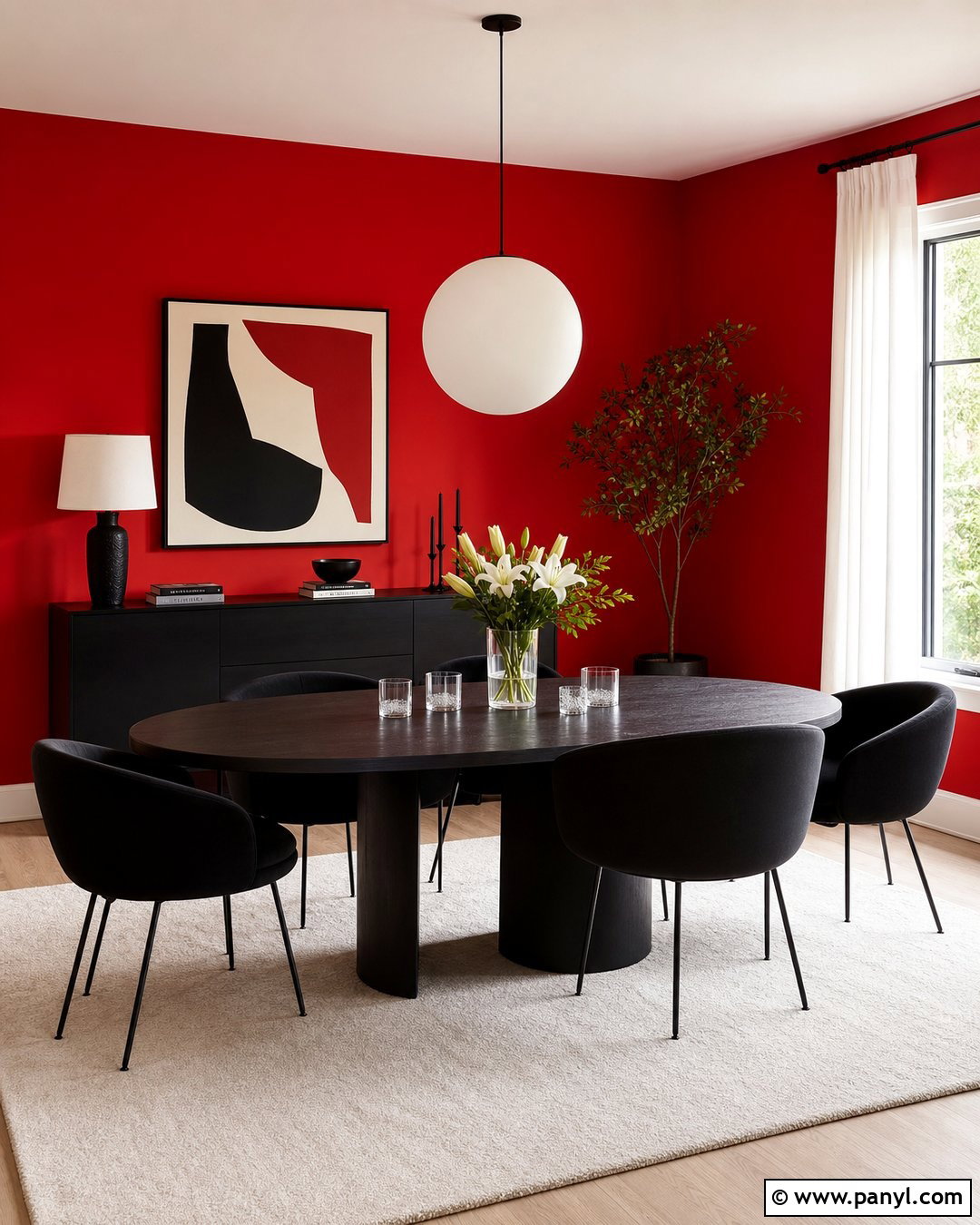 Red Wall Dining Room With Black Furniture - 20 Red Wall Home Interior Ideas