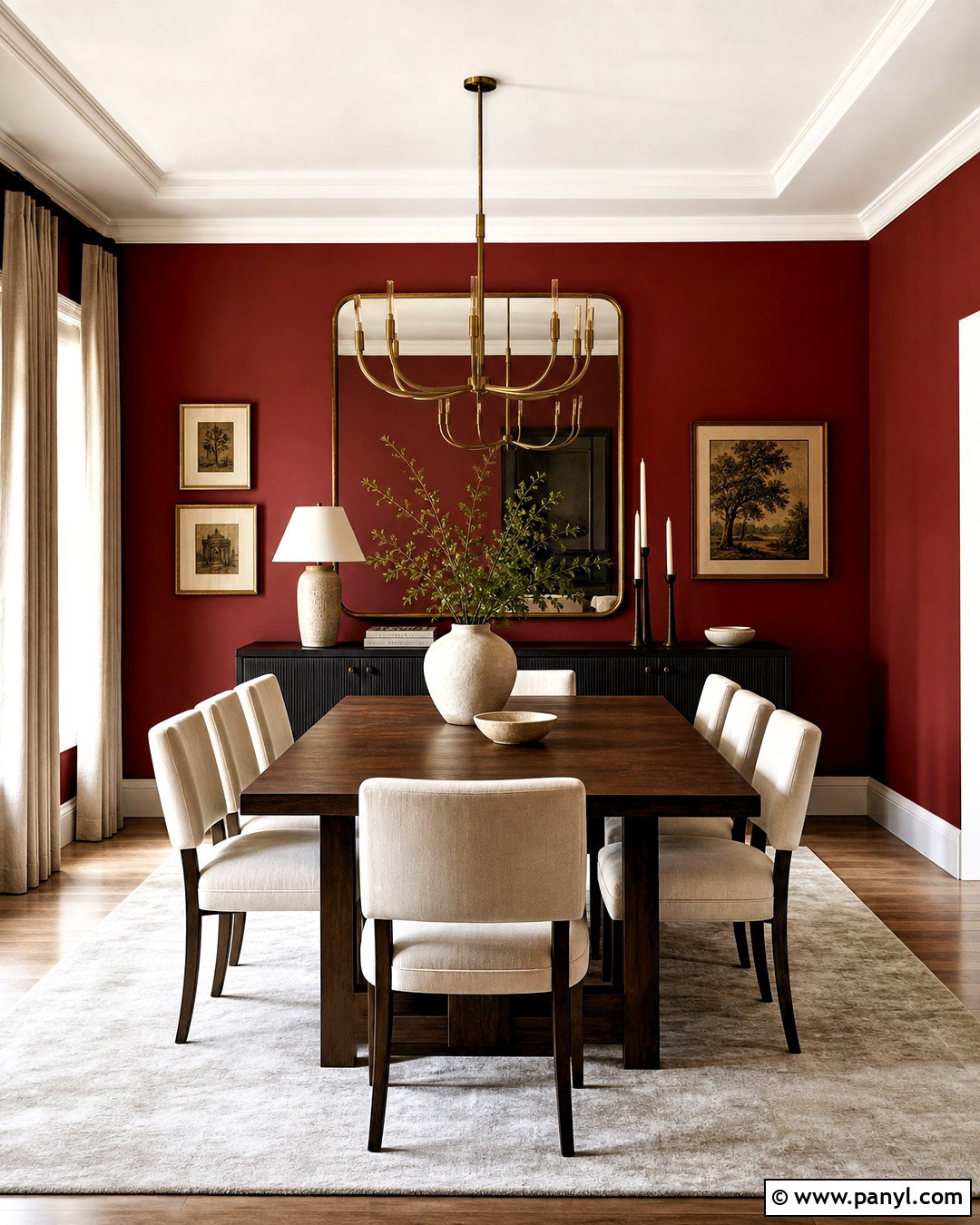Red Wall Dining Room With Brass Accents - 20 red wall decor ideas