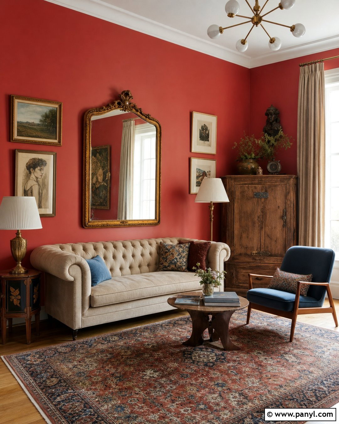 Red Wall Eclectic Vintage Living Room - 20 Red Wall Vintage Style Ideas