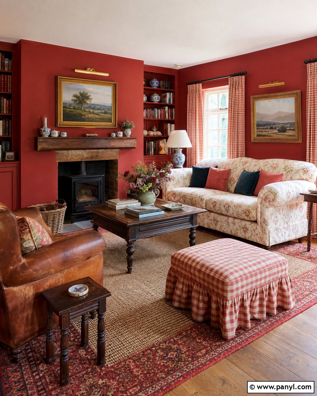 Red Wall English Cottage Sitting Room - 20 Red Wall Vintage Style Ideas