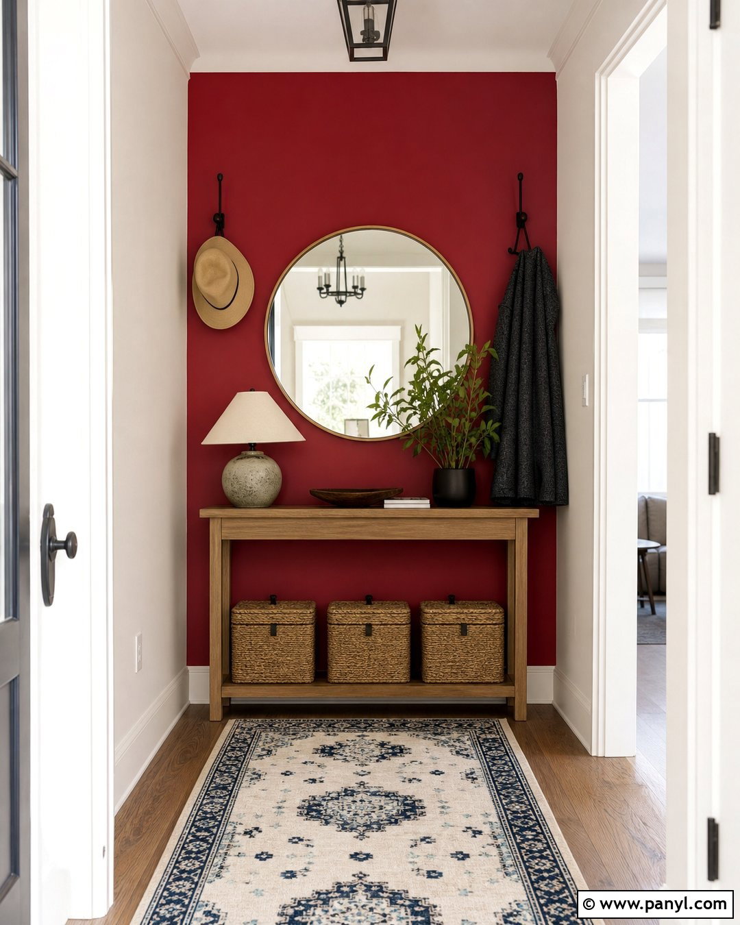 Red Wall Entryway With Console Table - 25 Red Wall Interior Ideas