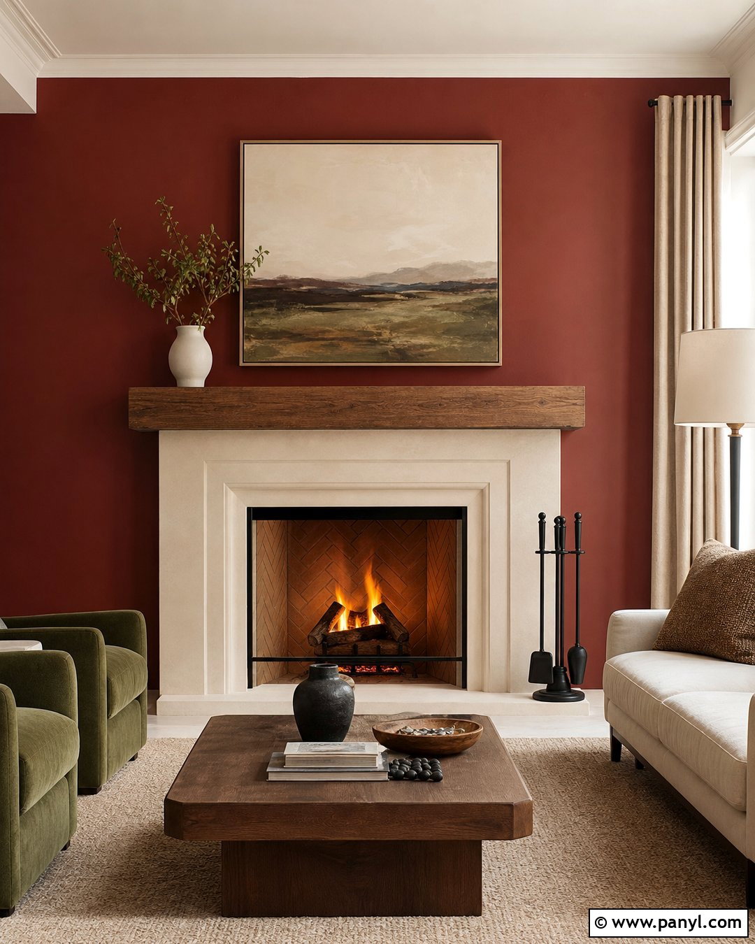 Red Wall Fireplace With Stone Surround - 25 Red Wall Interior Ideas