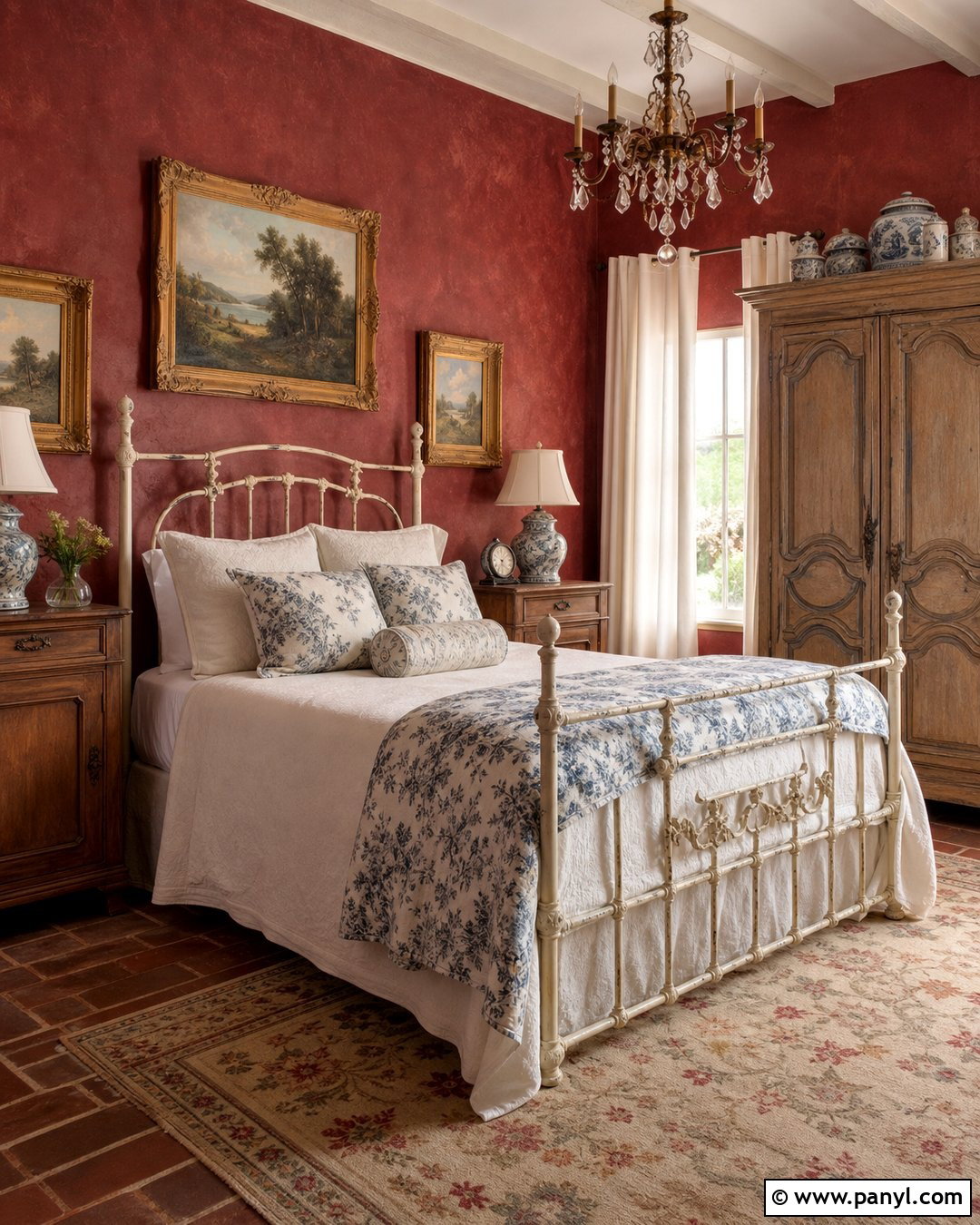 Red Wall French Country Bedroom - 20 Red Wall Vintage Style Ideas