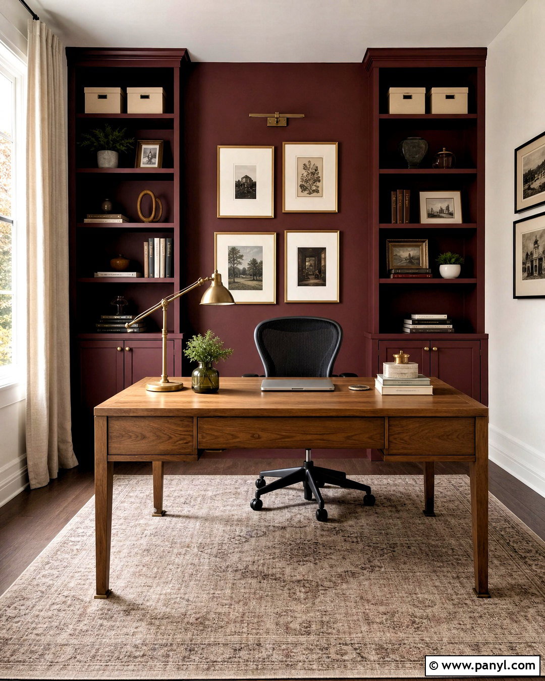 Red Wall Home Office With Built-In Shelves - 20 red wall decor ideas