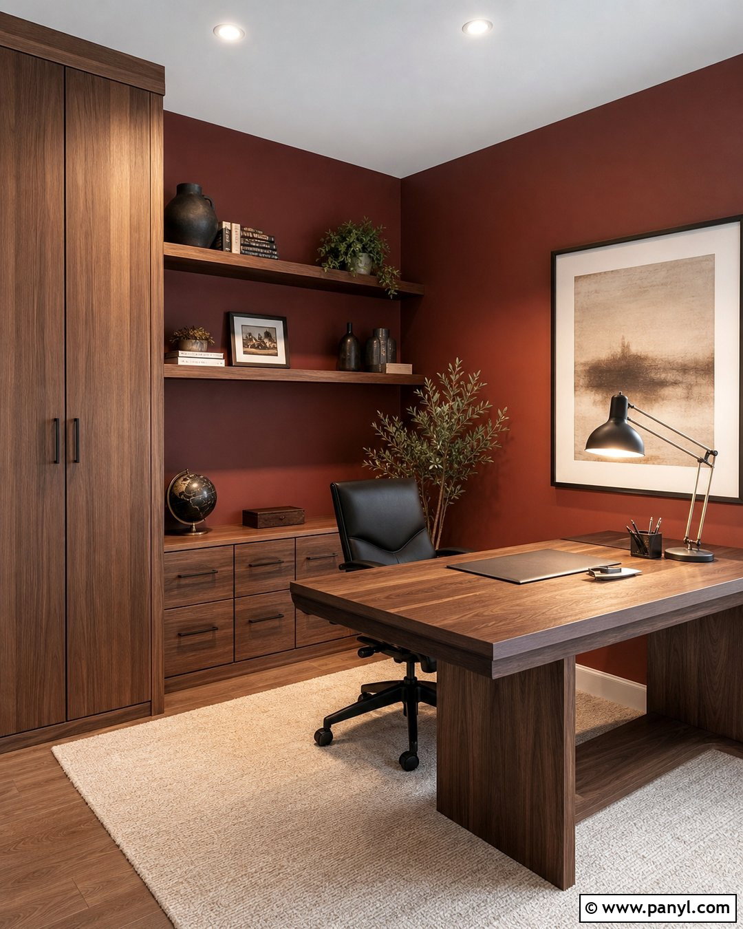 Red Wall Home Office With Wood Desk - 25 Red Wall Interior Ideas