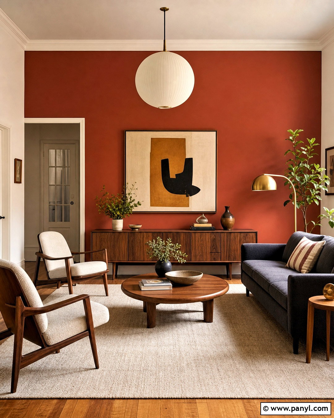 Red Wall In Midcentury Living Room - 20 red wall design ideas