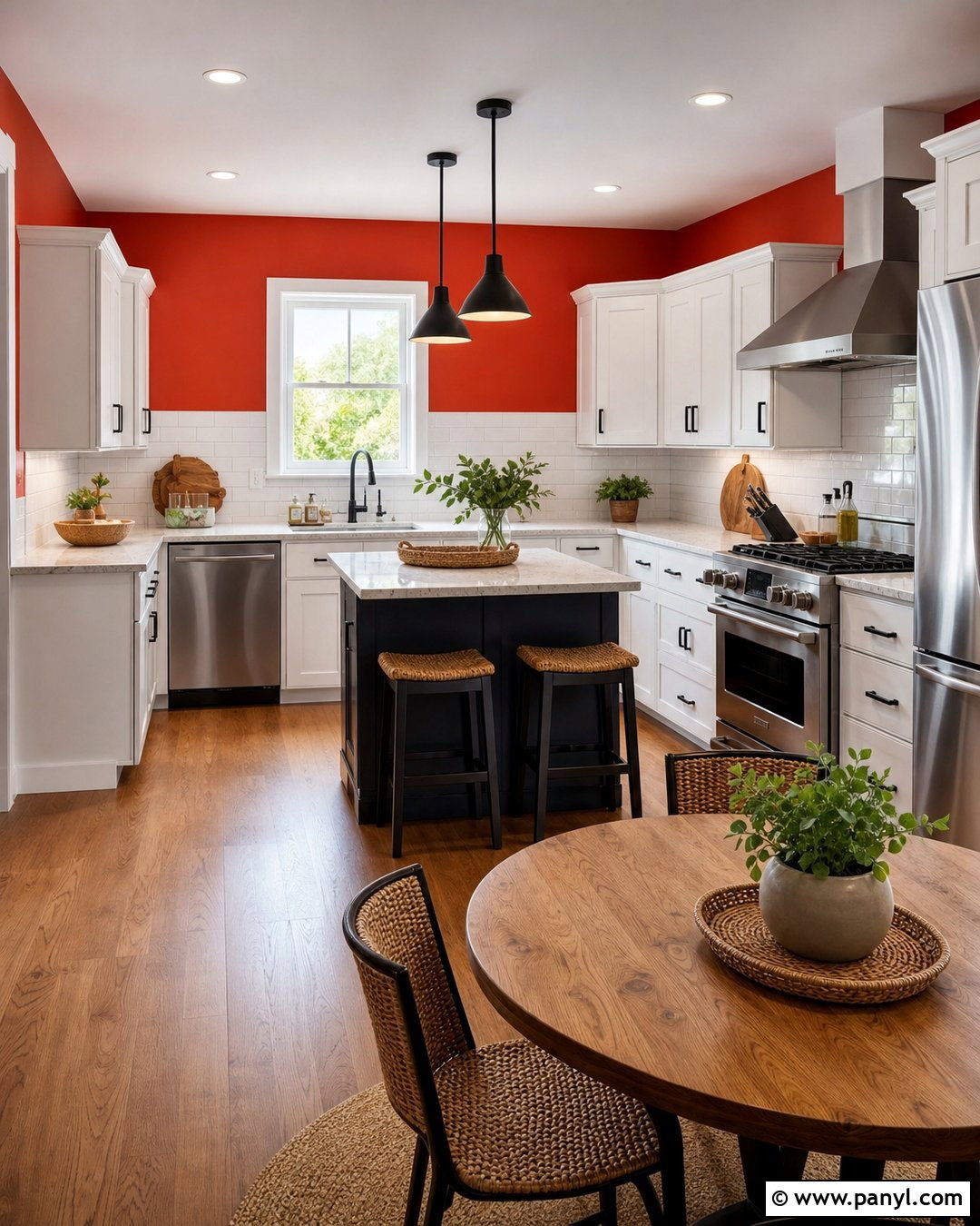 Red Wall Kitchen With White Cabinets - 25 Red Wall Interior Ideas