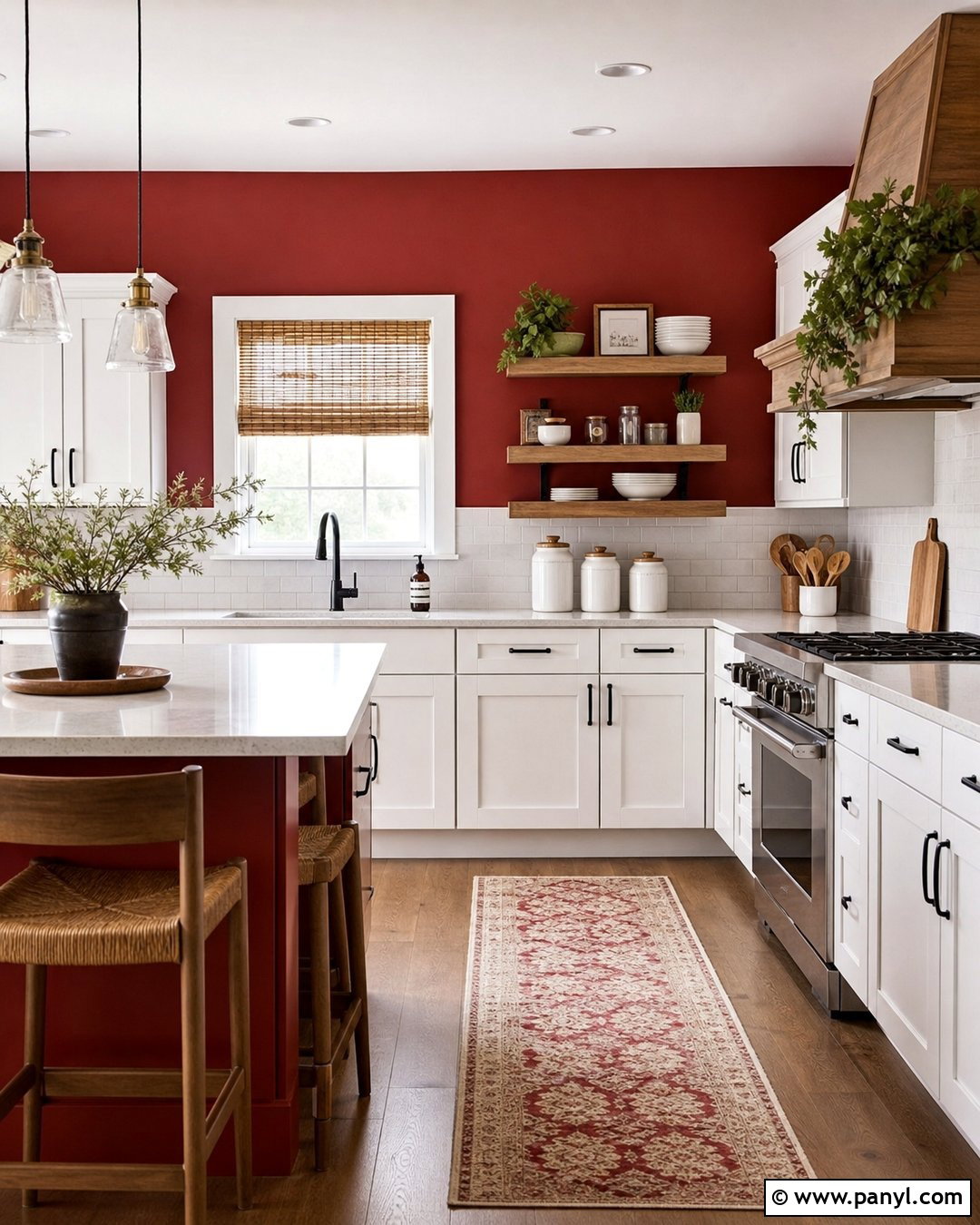 Red Wall Kitchen With White Cabinets - 20 Red Wall Home Interior Ideas