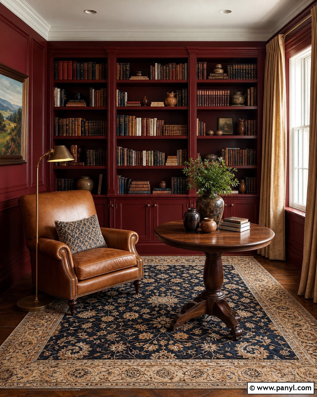 Red Wall Library With Built-In Shelves - 25 Red Wall Interior Ideas