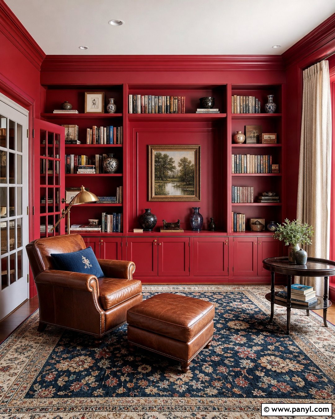 Red Wall Library With Built-In Shelves - 20 Red Wall Home Interior Ideas