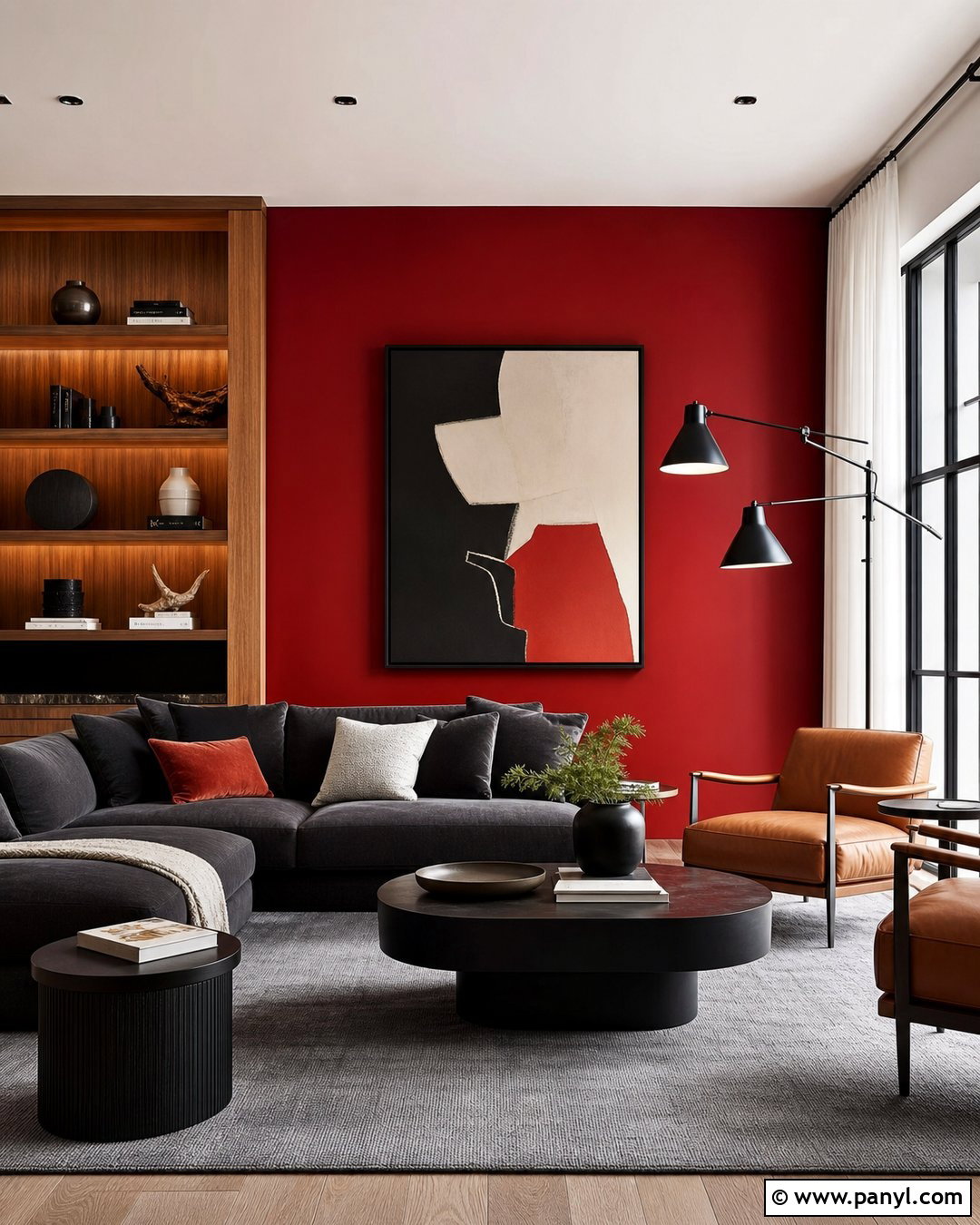 Red Wall Living Room With Gray Sofa - 25 Red Wall Interior Ideas
