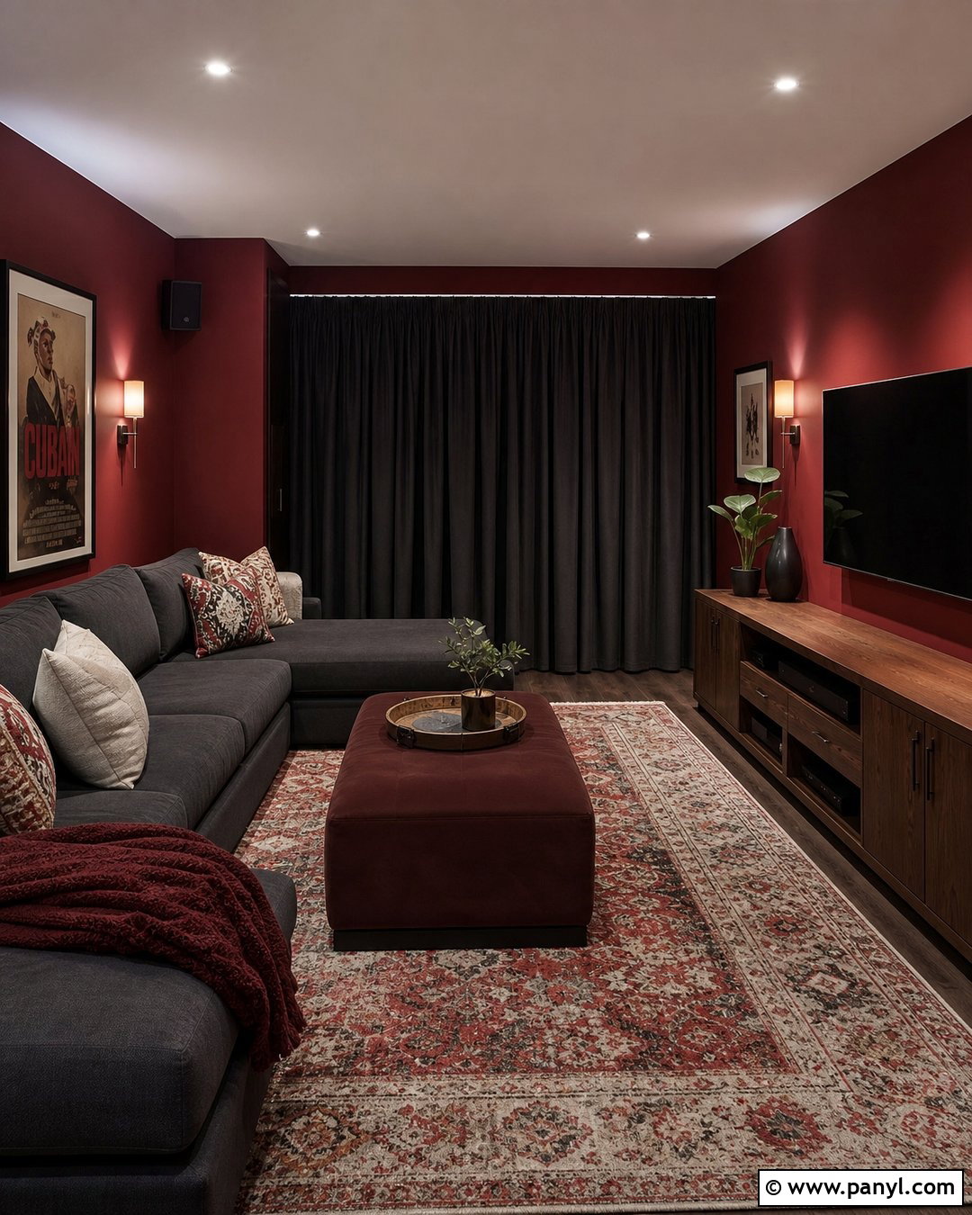 Red Wall Media Room - 20 Red Wall Home Interior Ideas