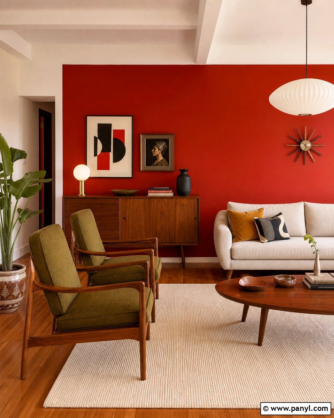 Red Wall Midcentury Living Room - 20 Red Wall Vintage Style Ideas