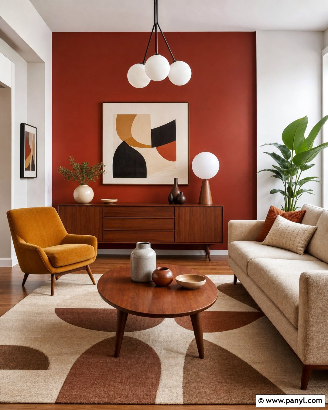Red Wall Midcentury Modern Living Room - 25 Red Wall Interior Ideas