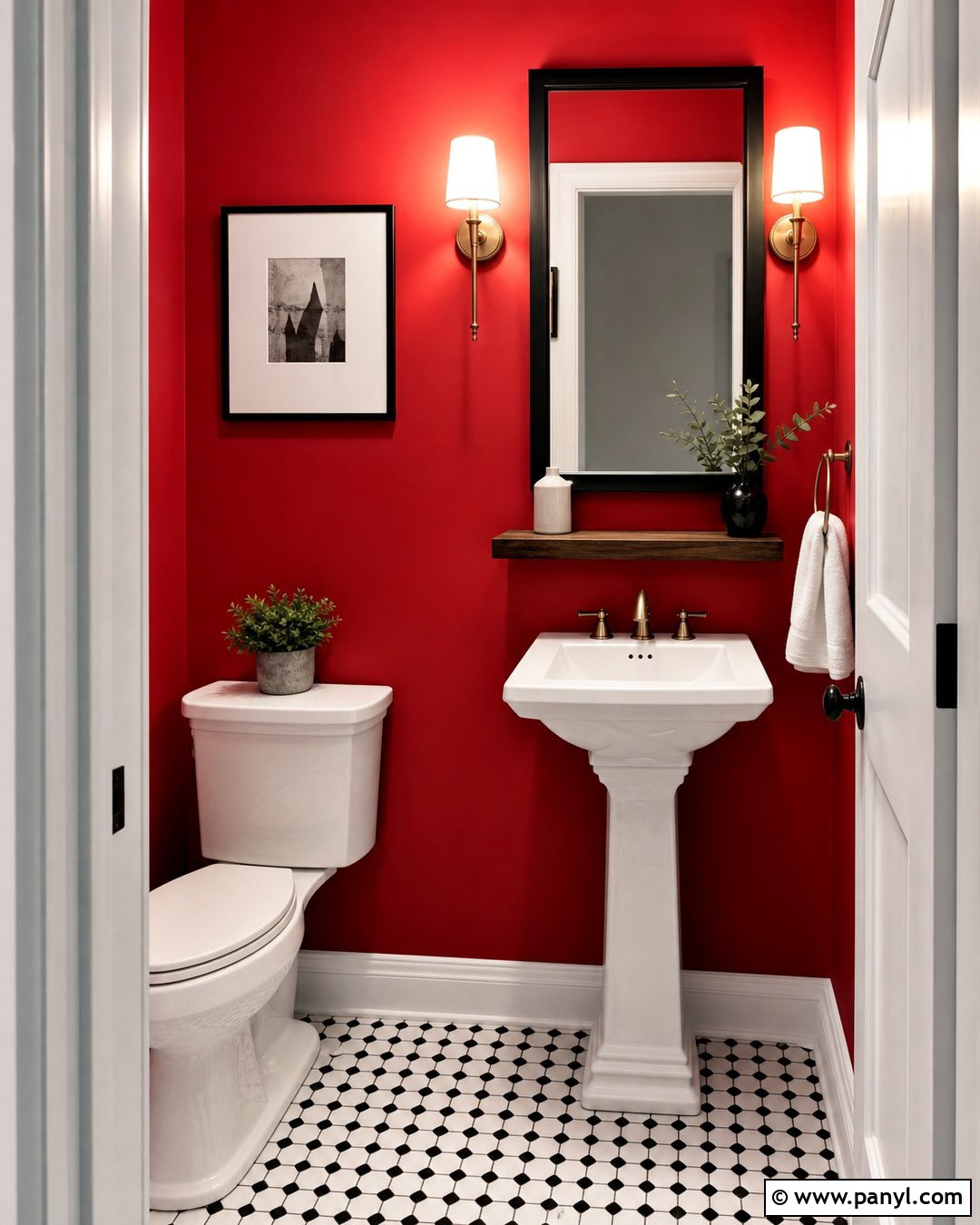 Red Wall Powder Room With Patterned Floor - 25 Red Wall Interior Ideas