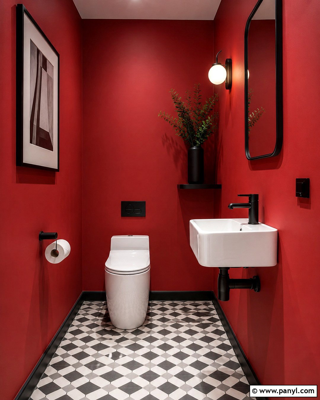 Red Wall Powder Room With Patterned Floor - 20 Red Wall Bathroom Ideas