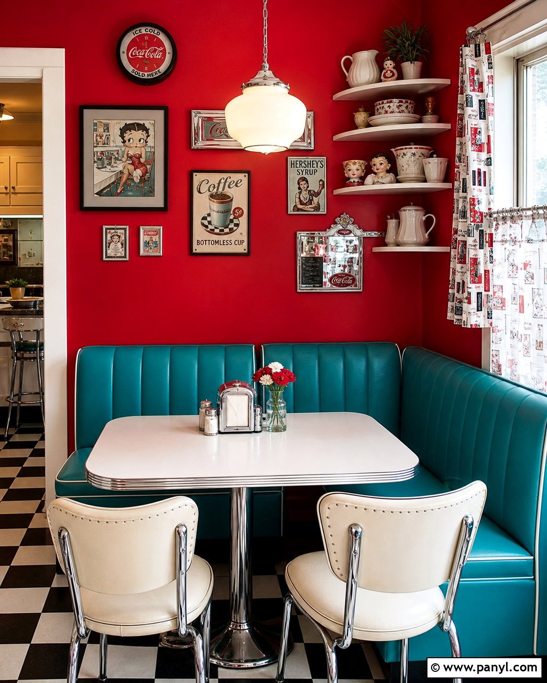 Red Wall Retro Breakfast Nook - 20 Red Wall Vintage Style Ideas