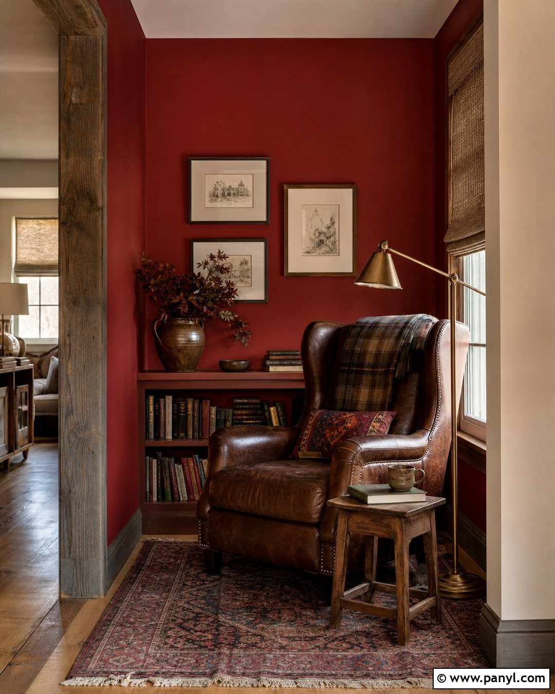 Red Wall Rustic Reading Nook - 20 Red Wall Vintage Style Ideas