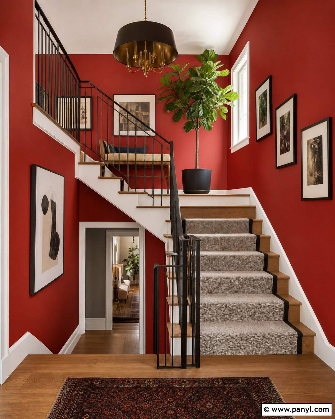 Red Wall Staircase - 20 Red Wall Home Interior Ideas