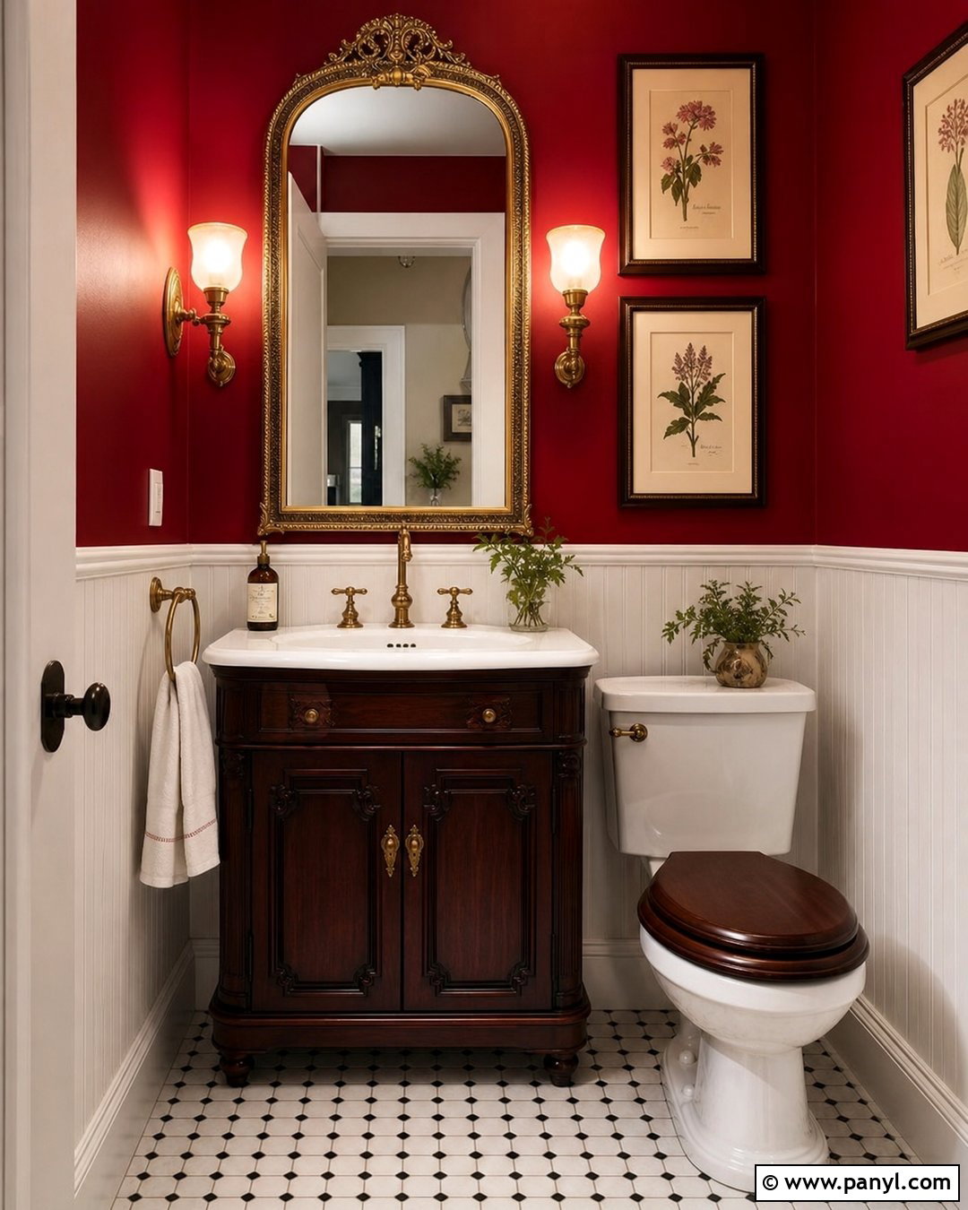 Red Wall Vintage Powder Room - 20 Red Wall Vintage Style Ideas