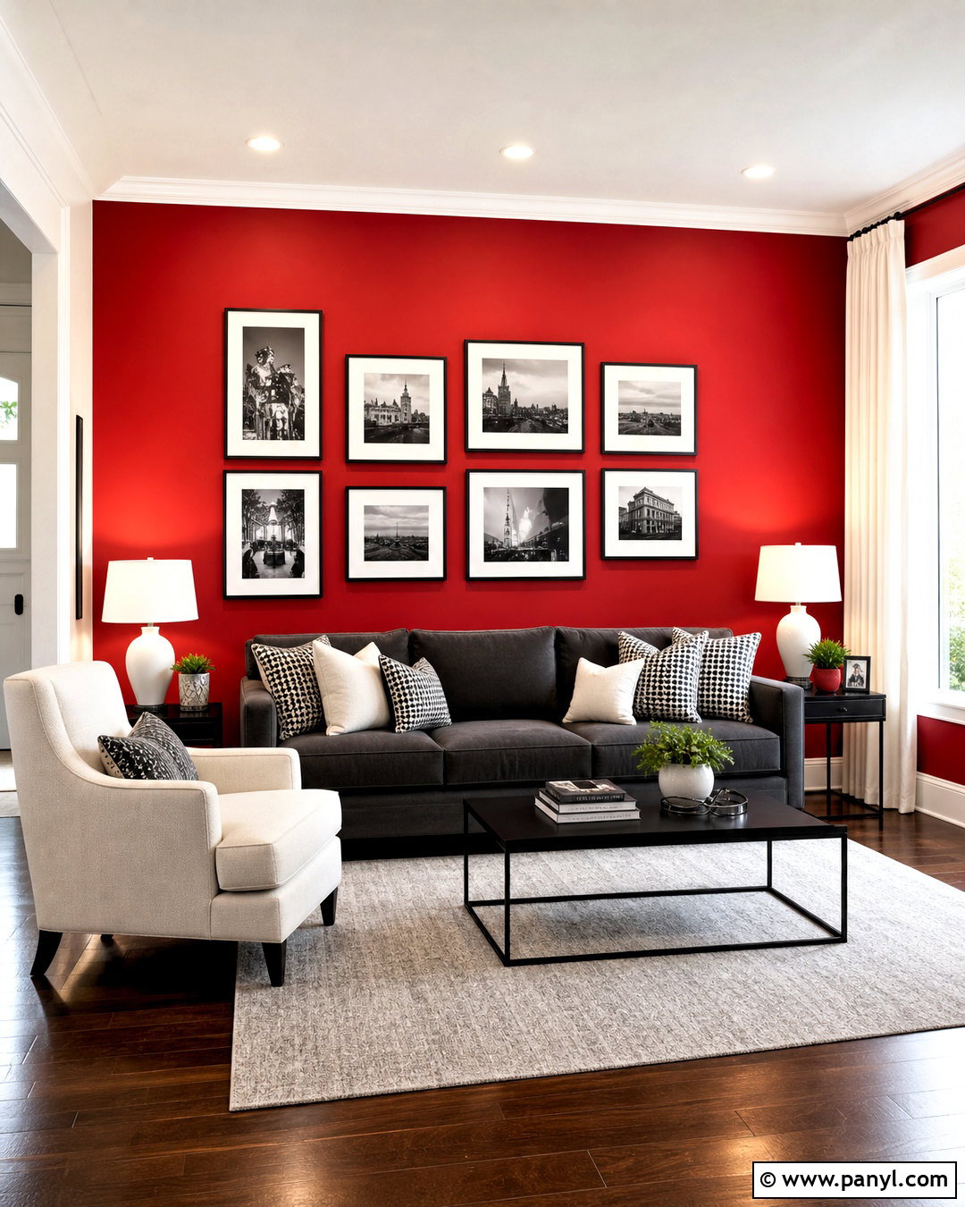 Red Wall With Black And White Photography - 20 red wall decor ideas