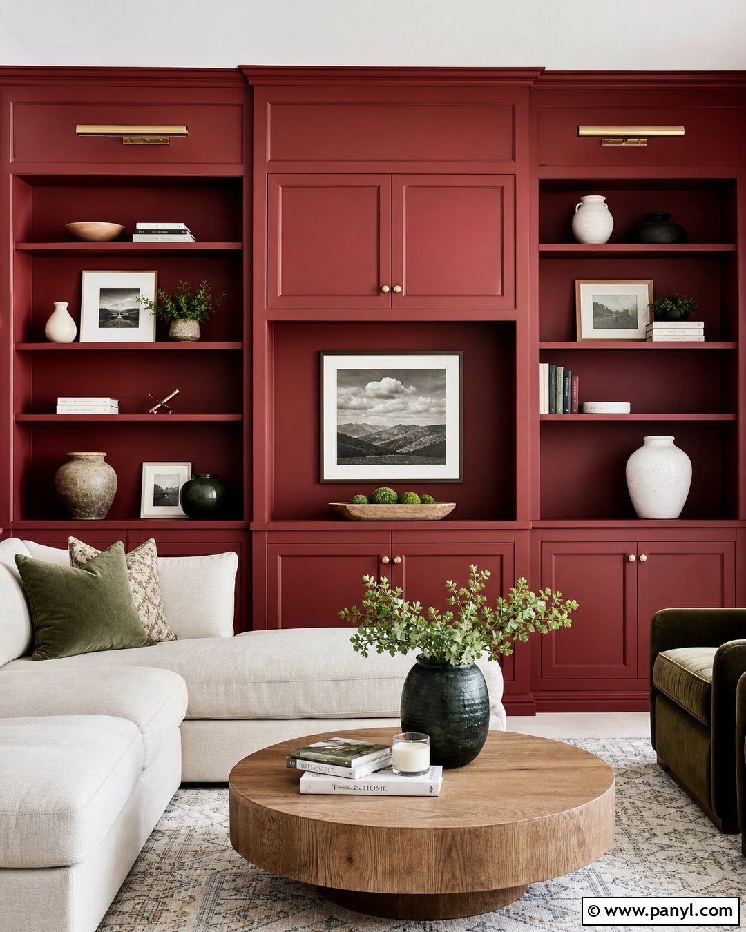 Red Wall With Built-In Shelves - 20 Red Wall Transformation Ideas