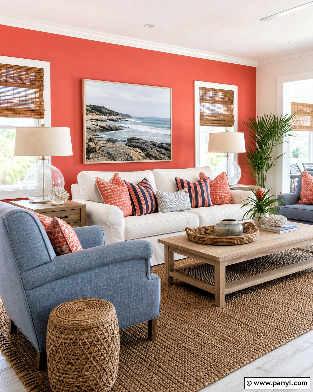 Red Wall With Coastal Decor - 20 red wall living room ideas