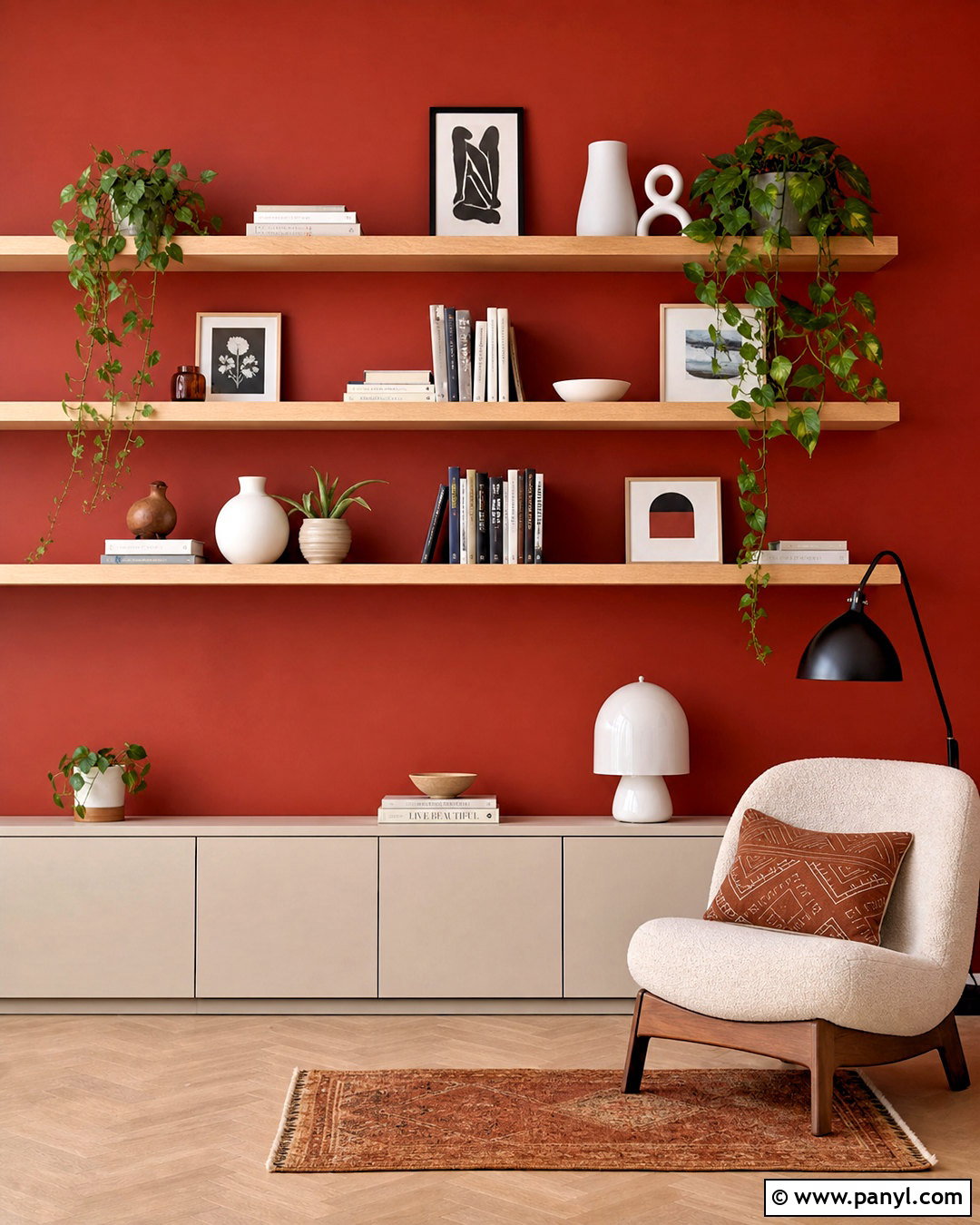 Red Wall With Floating Wood Shelves - 20 red wall background ideas