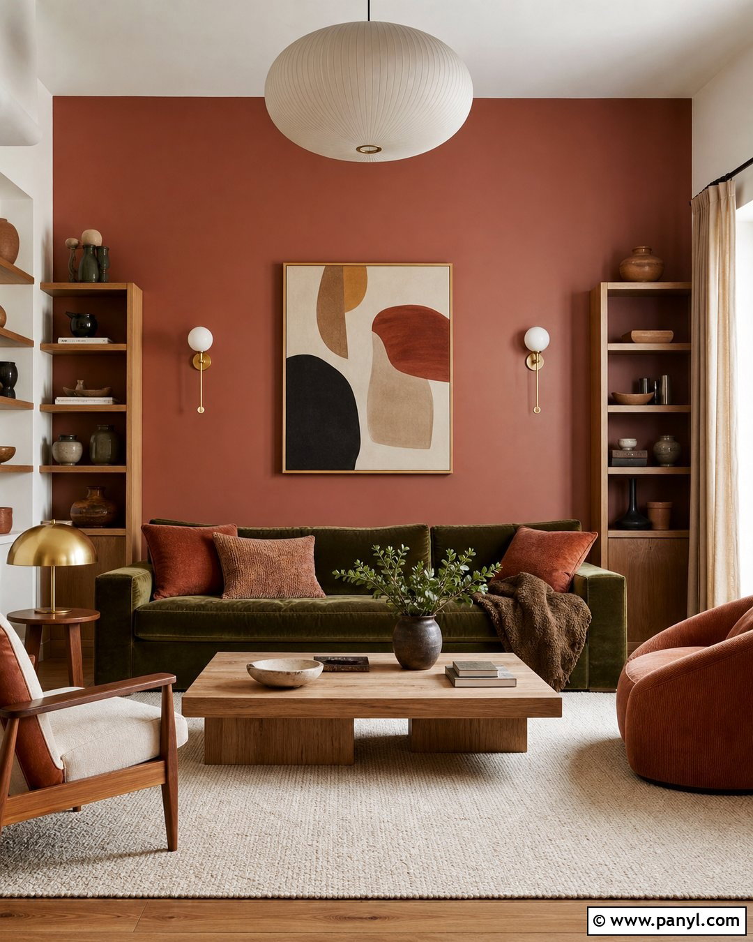 Red Wall With Green Furniture - 25 Red Wall Interior Ideas
