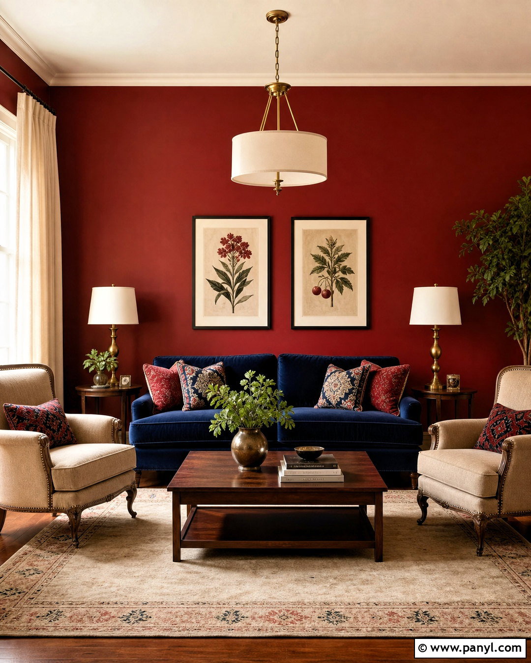Red Wall With Navy Blue Sofa - 20 red wall living room ideas