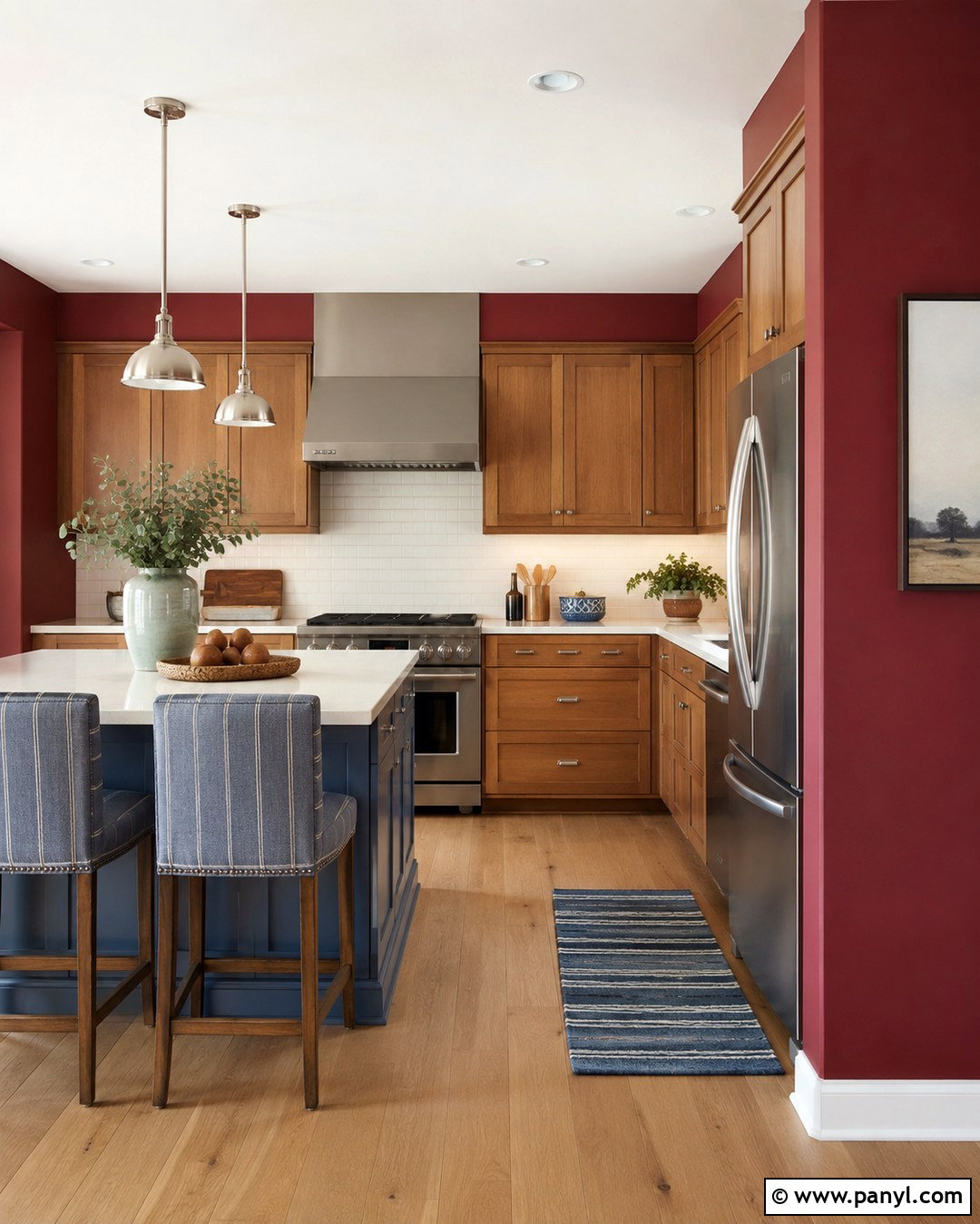 Red Walls With Oak Cabinets And Blue Accents - 20 Red Kitchen Walls With Oak Cabinets
