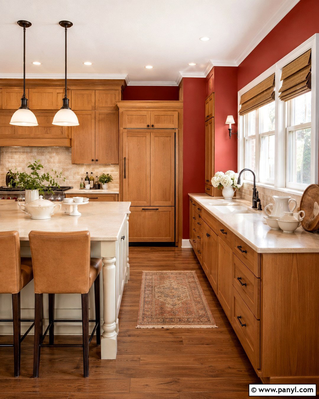 Red Walls With Oak Cabinets And Cream Backsplash - 20 Red Kitchen Walls With Oak Cabinets