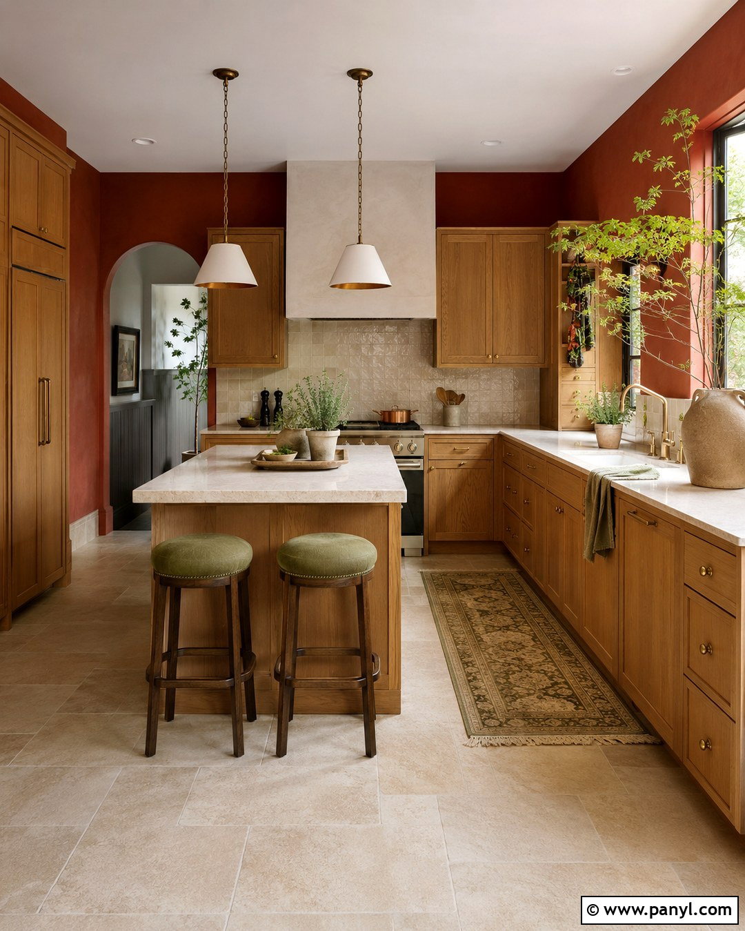 Red Walls With Oak Cabinets And Green Accents - 20 Red Kitchen Walls With Oak Cabinets