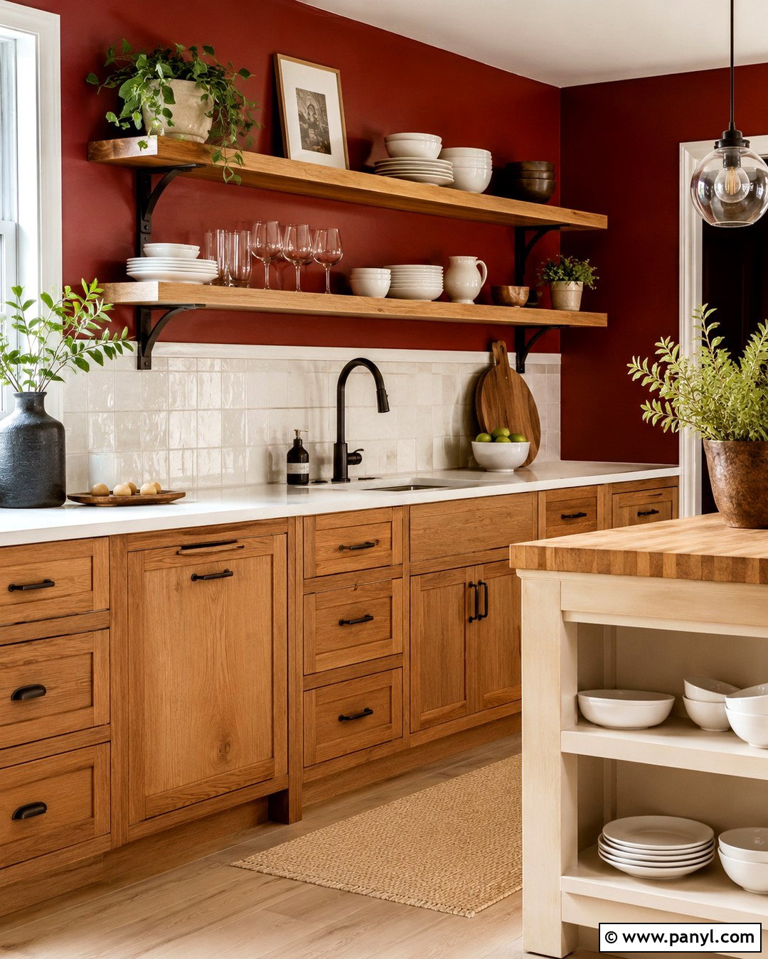 Red Walls With Oak Cabinets And Open Shelves - 20 Red Kitchen Walls With Oak Cabinets