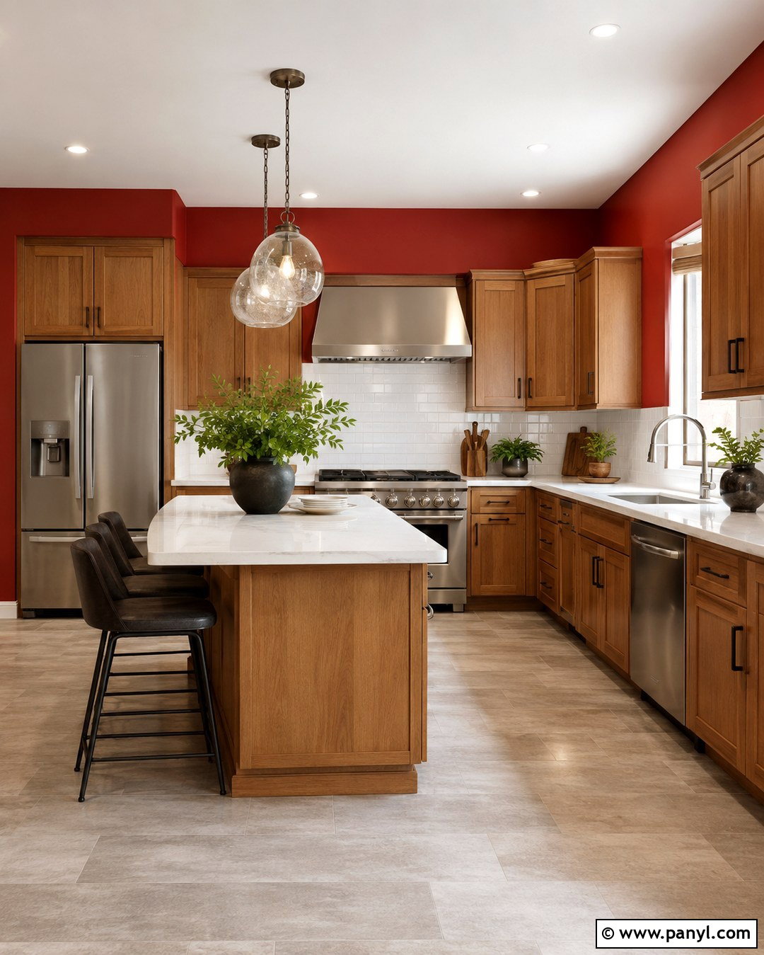 Red Walls With Oak Cabinets And White Counters - 20 Red Kitchen Walls With Oak Cabinets