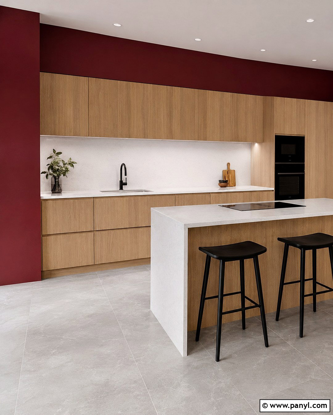 Red Walls With Oak Cabinets In A Modern Kitchen - 20 Red Kitchen Walls With Oak Cabinets