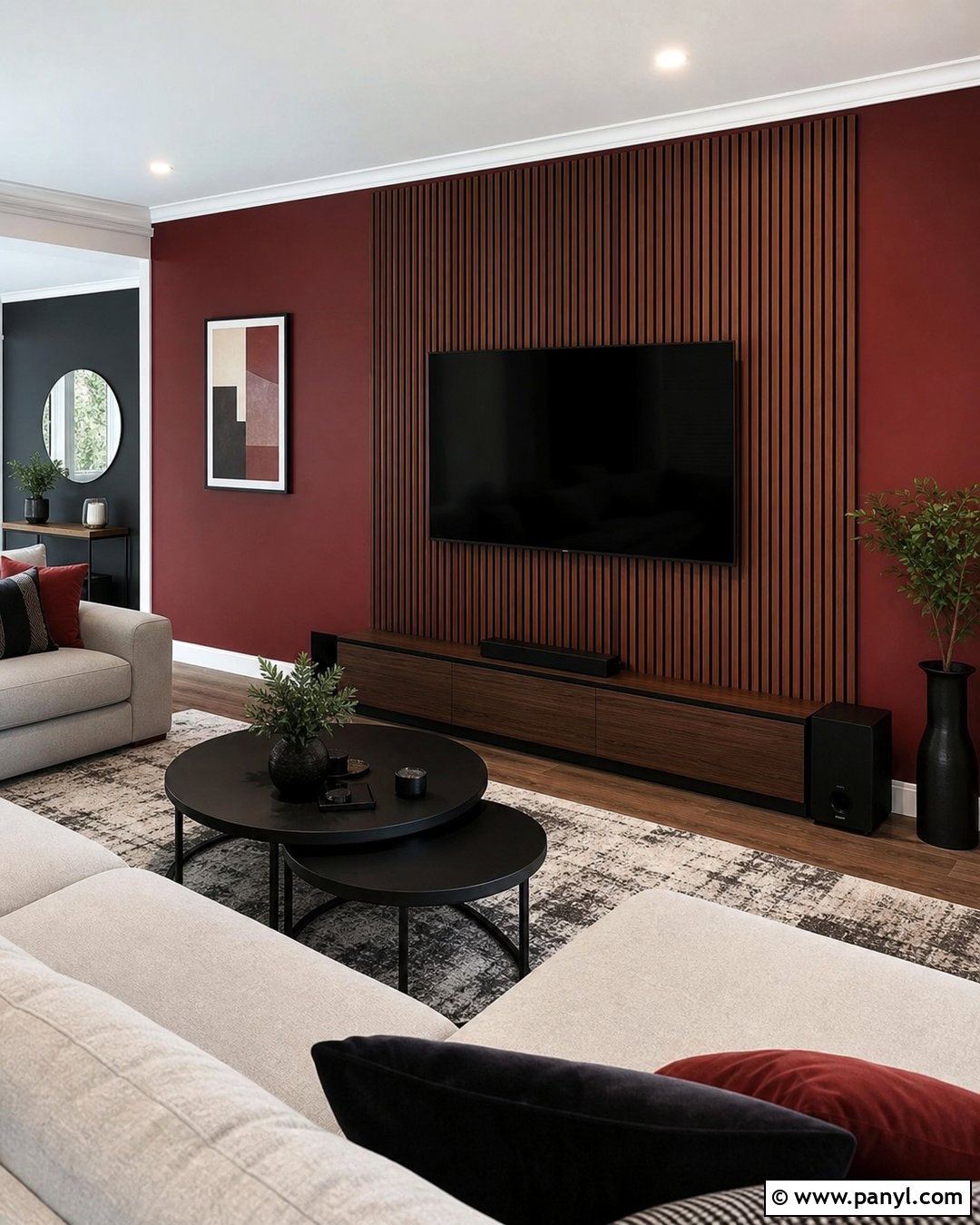 Red Wood Slat Feature Wall TV Room - 35 red feature wall ideas
